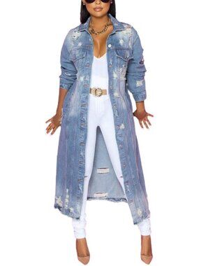 Trendy Women's Spring Ripped Denim Maxi Jacket | Long Trench Coat Fashion